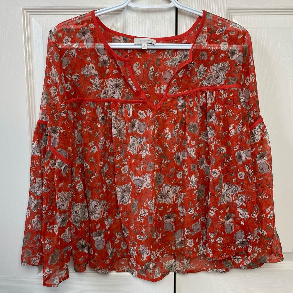 Lucky Brand Burnt Orange Floral Flowy Sheer Top